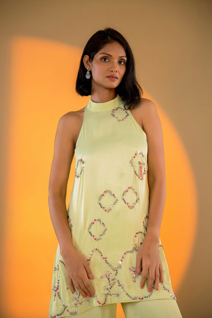 Pistachio Halter Neck Kurta Set with Hand Embroidery