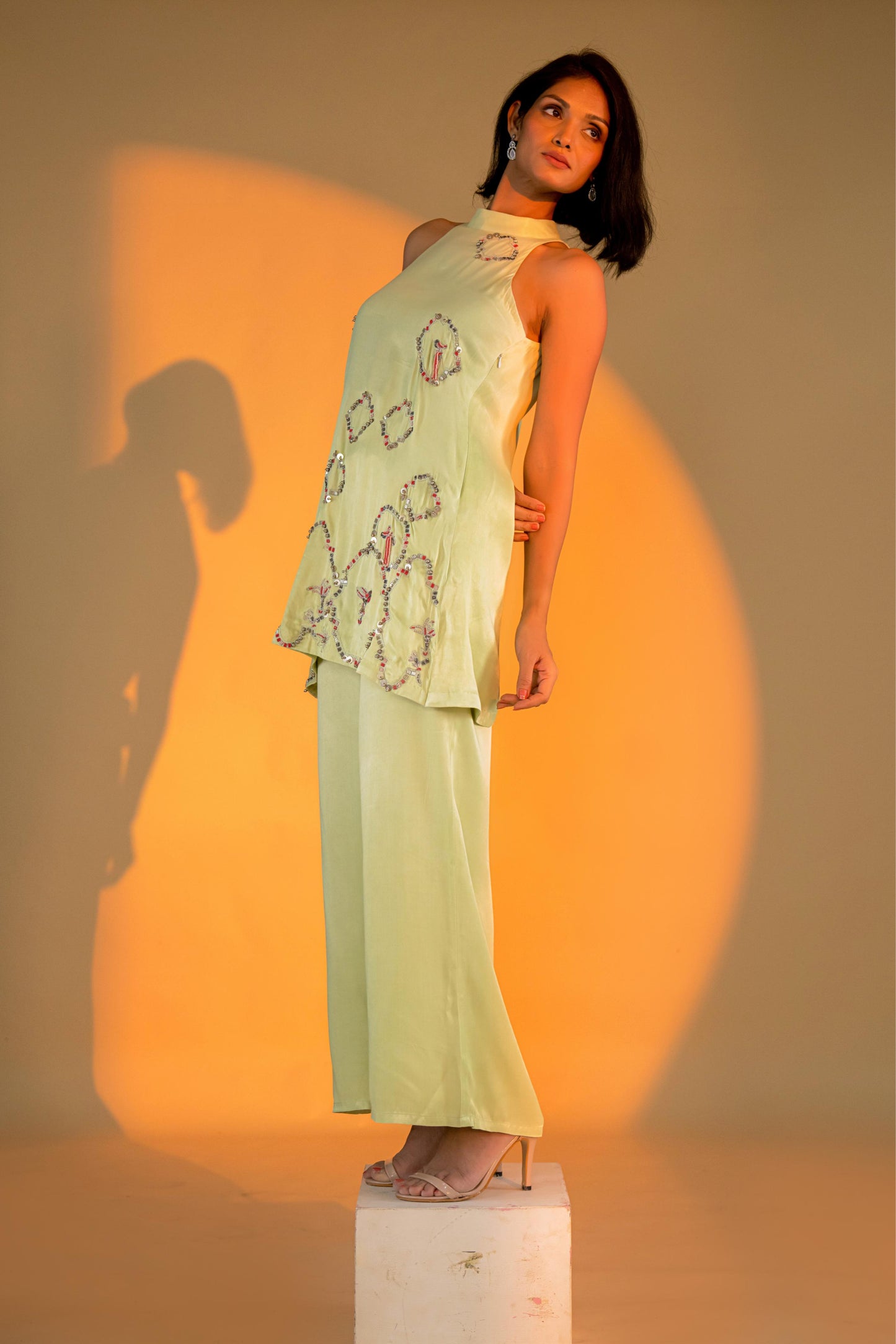 Pistachio Halter Neck Kurta Set with Hand Embroidery