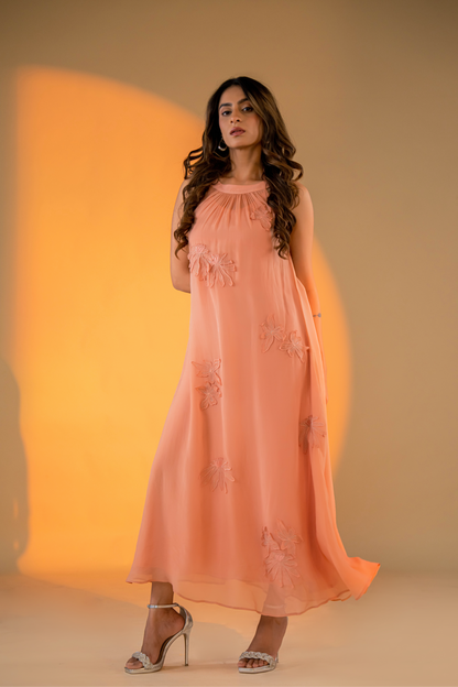 Peach Embroidered Dress with Elegant Neckline