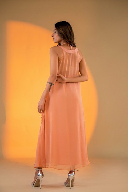 Peach Embroidered Dress with Elegant Neckline