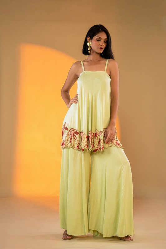 Pistachio Sleeveless Kurta Set with Embroidery & Sharara