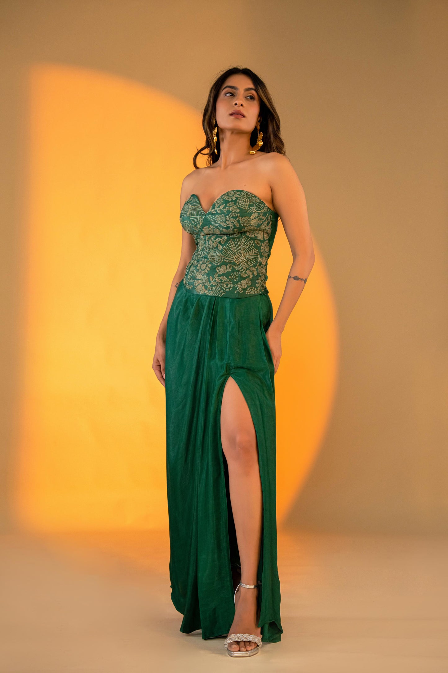 Evergreen Draped Skirt Set with Embroidered Corset