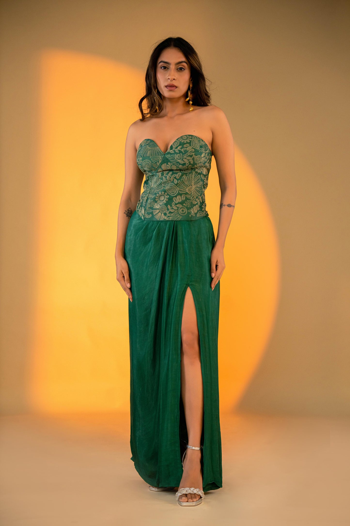 Evergreen Draped Skirt Set with Embroidered Corset