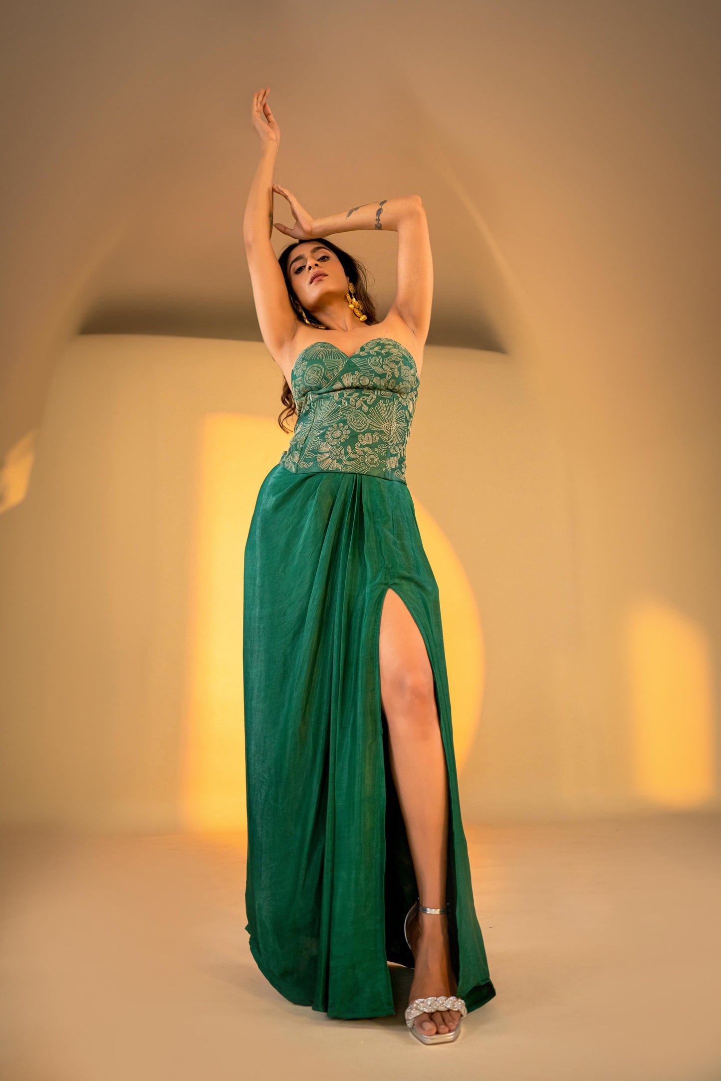 Evergreen Draped Skirt Set with Embroidered Corset