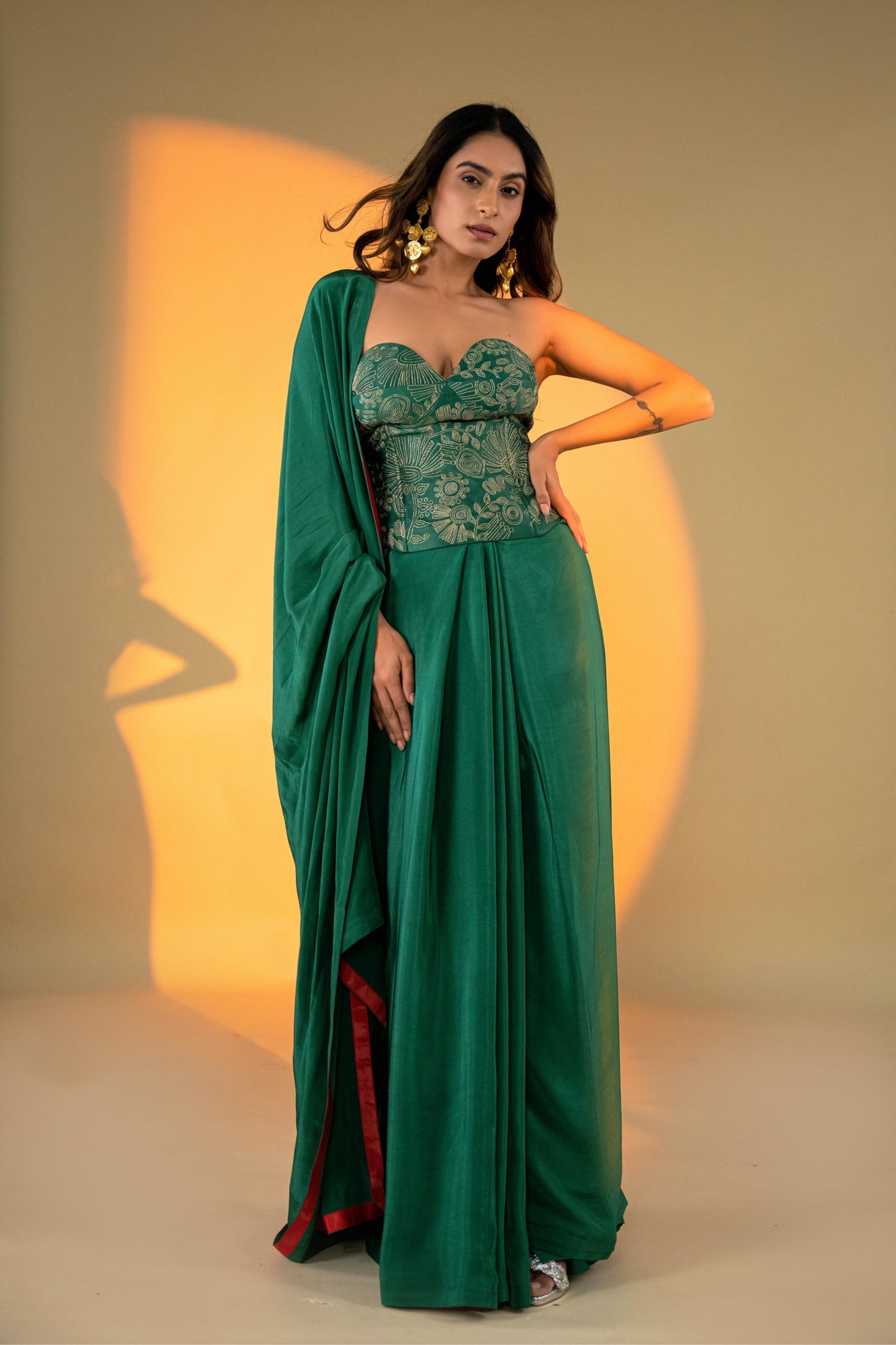 Evergreen Saree with Embroidered Corset Blouse