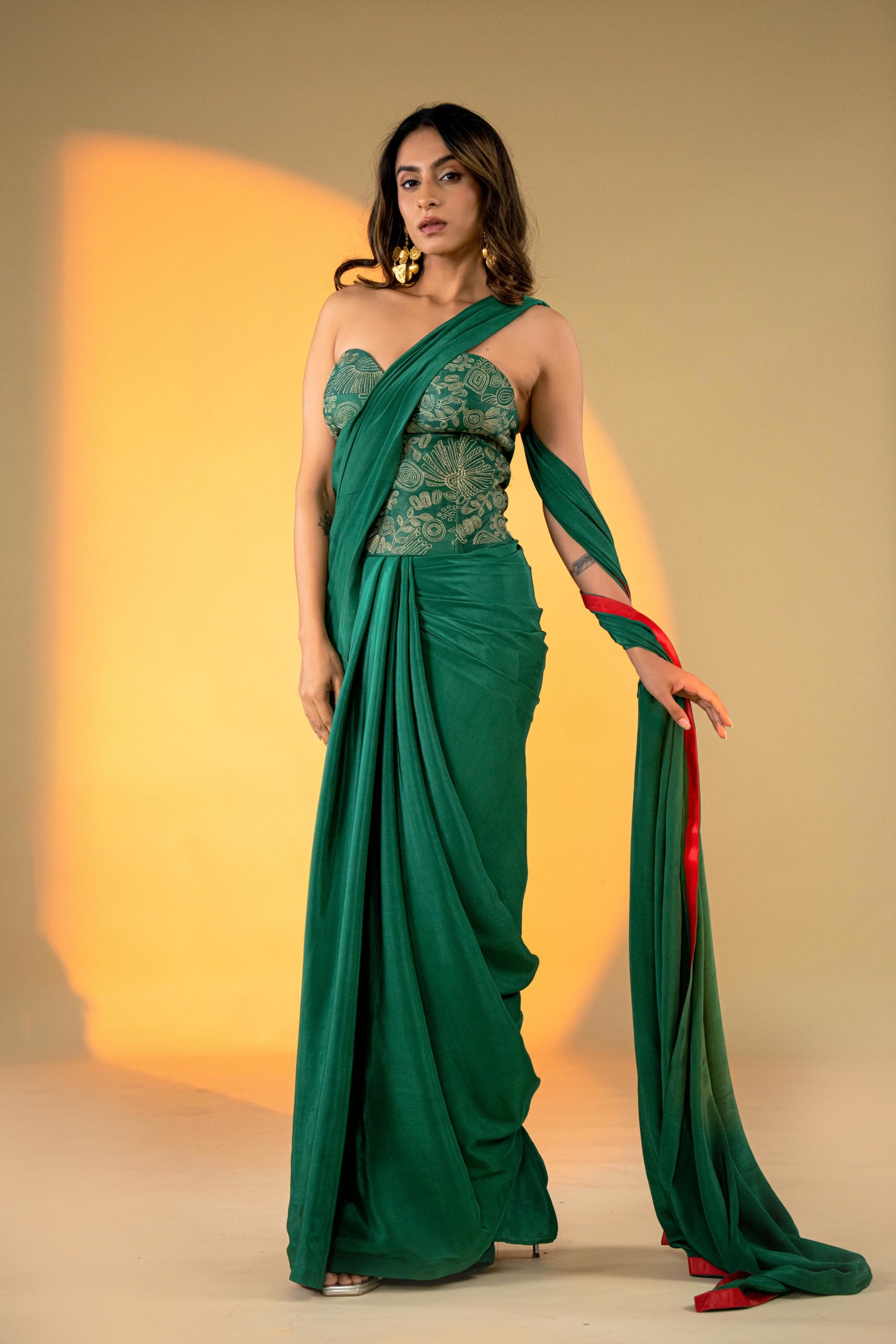 Evergreen Saree with Embroidered Corset Blouse