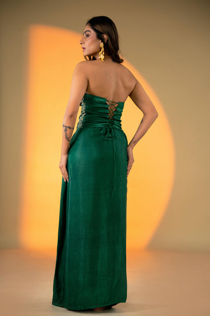 Evergreen Draped Skirt Set with Embroidered Corset