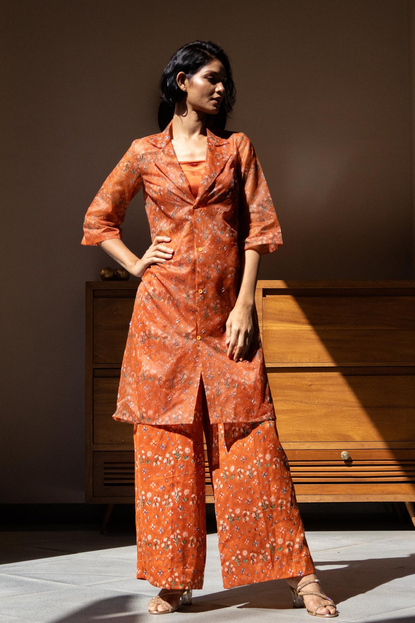 Rusty Orange collared organza button-down kurta set for women