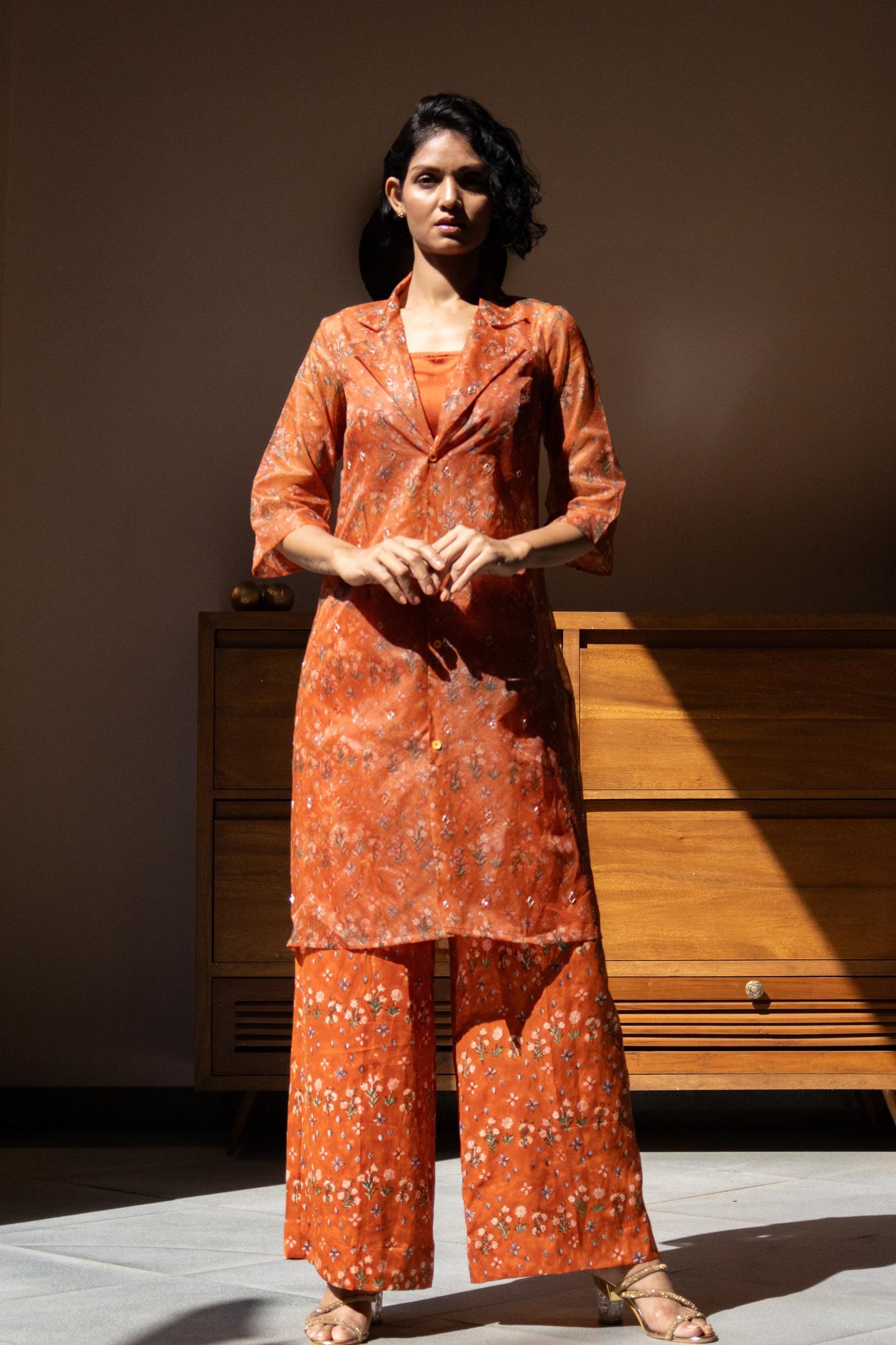 Rusty Orange collared organza button-down kurta set for women