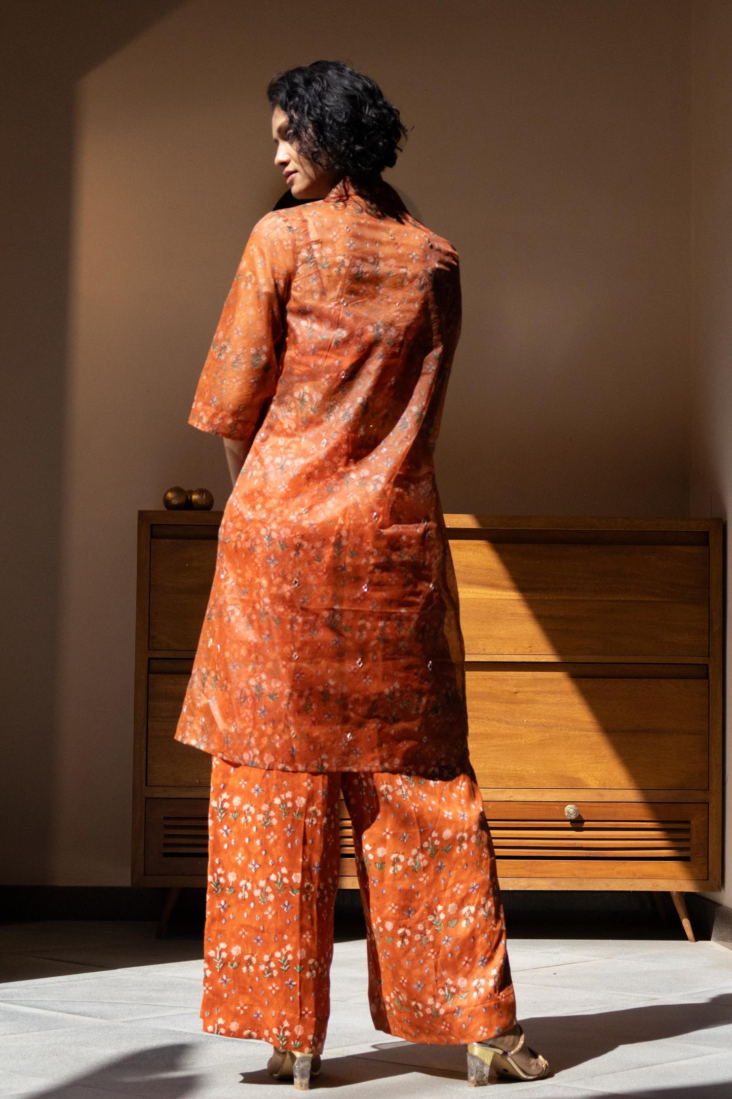 Rusty Orange collared organza button-down kurta set for women