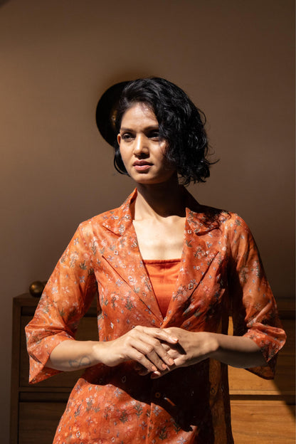 Rusty Orange collared organza button-down kurta set for women