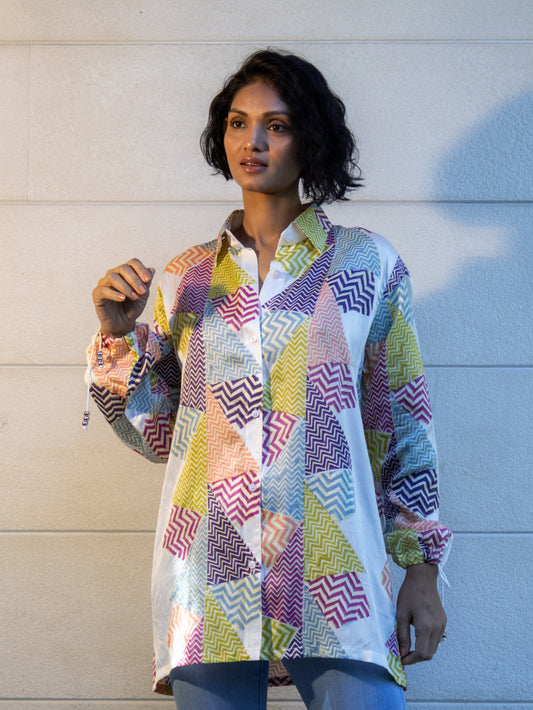 Hand blocked printed satin shirt for women