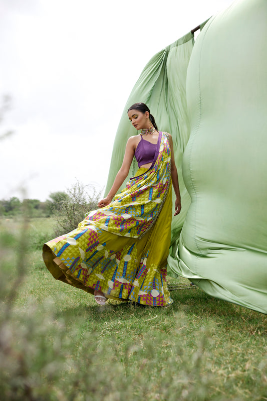 Green lehenga set with drape dupatta with chunky embroidery border for women