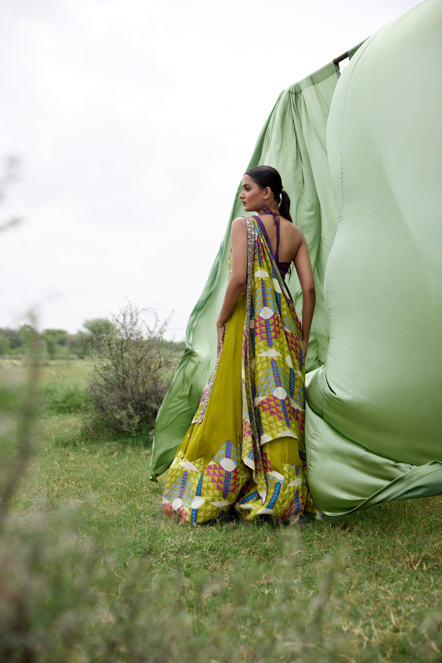 Green lehenga set with drape dupatta with chunky embroidery border for women