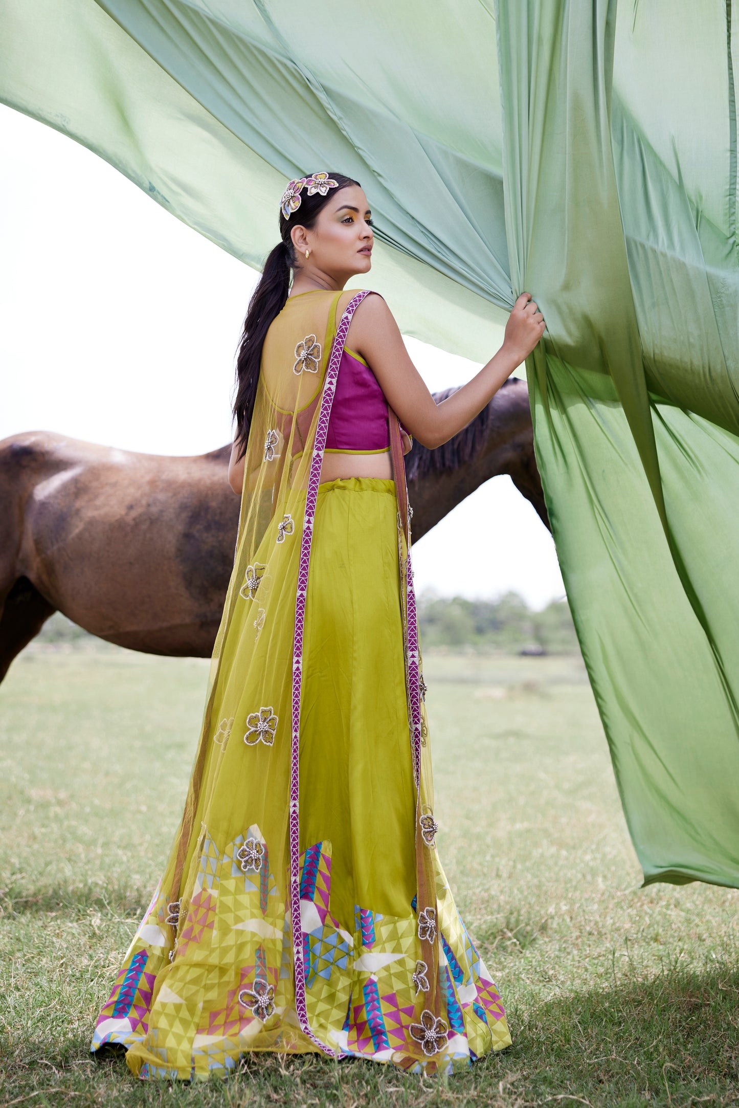 Green lehenga set patched hand block border with an embroiderd cape in net for women