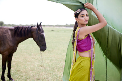 Green lehenga set patched hand block border with an embroiderd cape in net for women