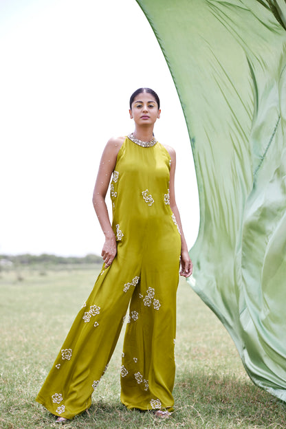 Satin green jumpsuit highlighted with pear embroidery for women