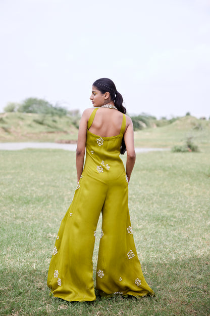 Satin green jumpsuit highlighted with pear embroidery for women