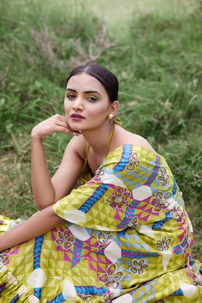 Magenta lehenga set with a patched hand-block border and a side tie on highlighted cape for women