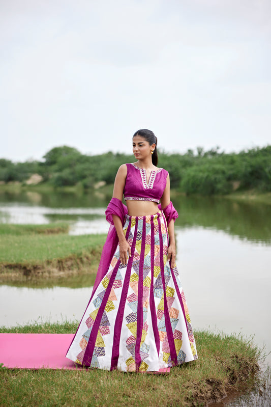 Exquisite hand-blocked lehenga with embroidered blouse and organza dupatta for women