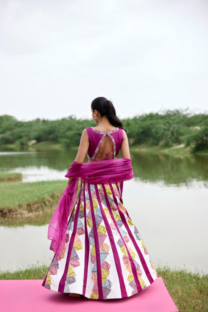 Exquisite hand-blocked lehenga with embroidered blouse and organza dupatta for women