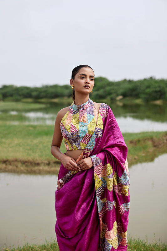 Kora silk magenta saree with patched handblocked border and a highlighted blouse for women