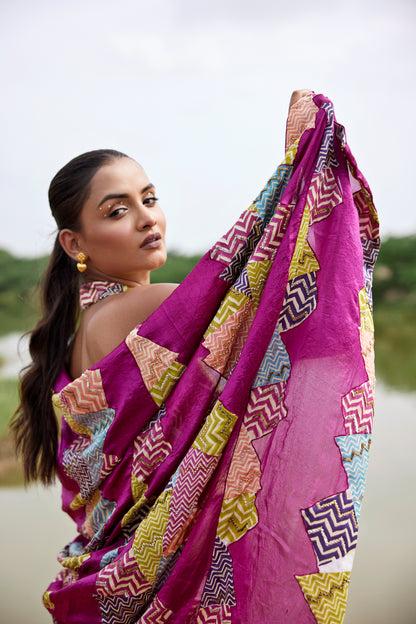 Kora silk magenta saree with patched handblocked border and a highlighted blouse for women