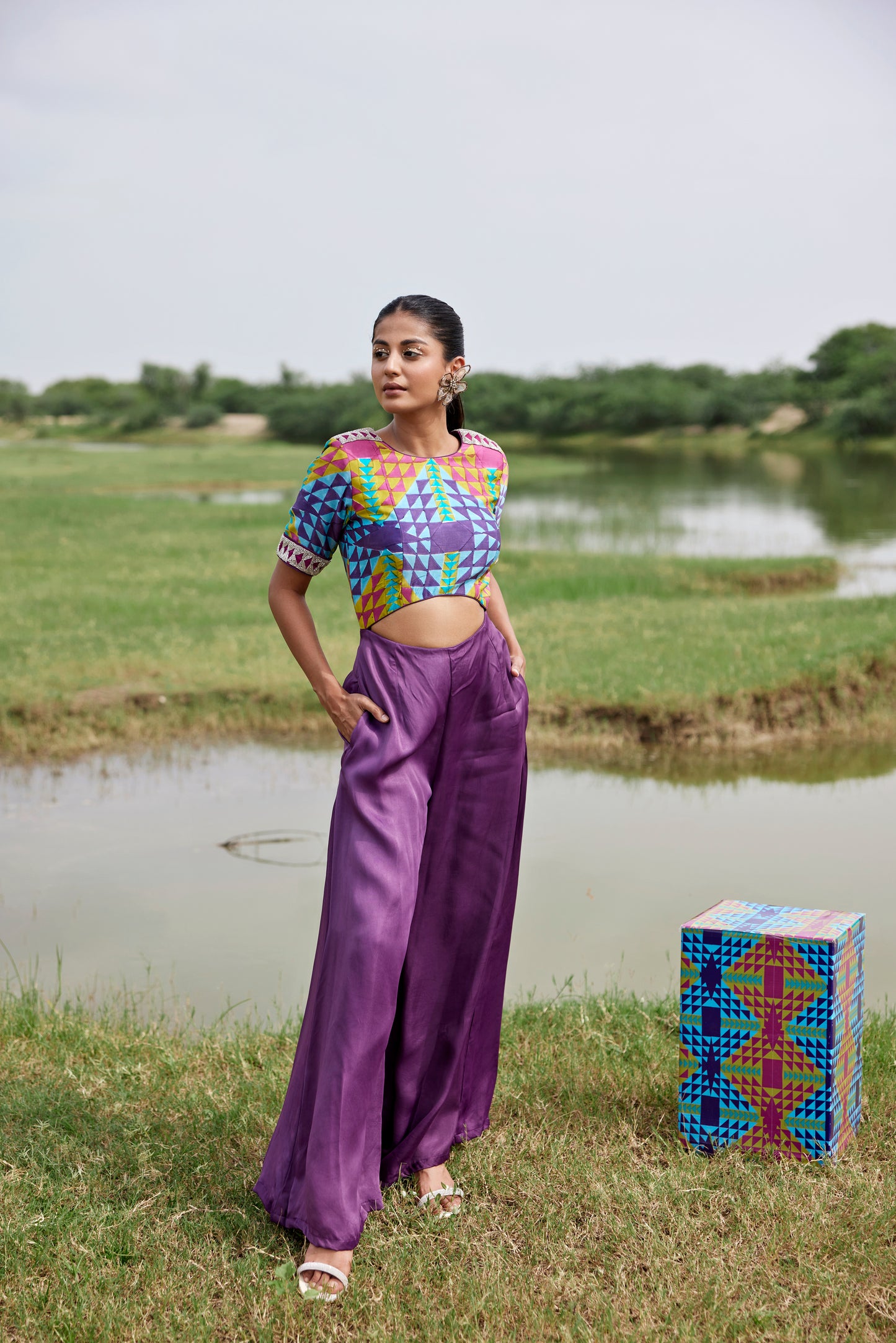 Purple jumpsuit with intricate embroidery for women