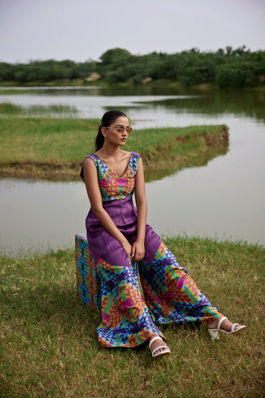 Purple jumpsuit with intricate embroidery for women