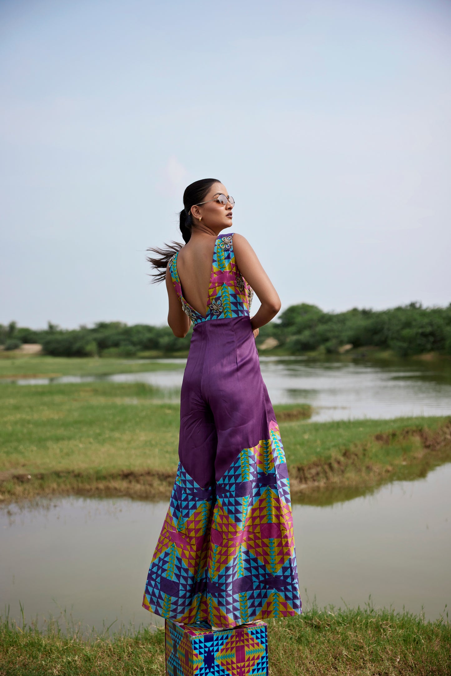 Purple jumpsuit with intricate embroidery for women