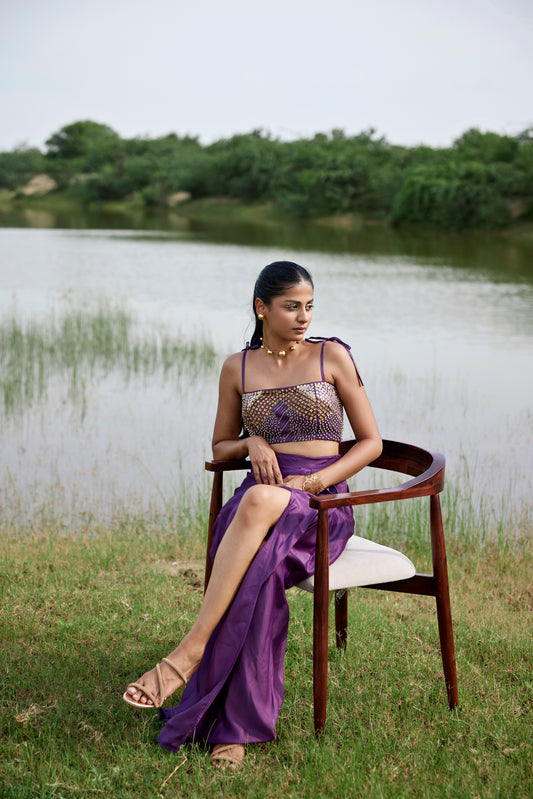 Purple drape skirt paired with heavily embroidered blouse for women