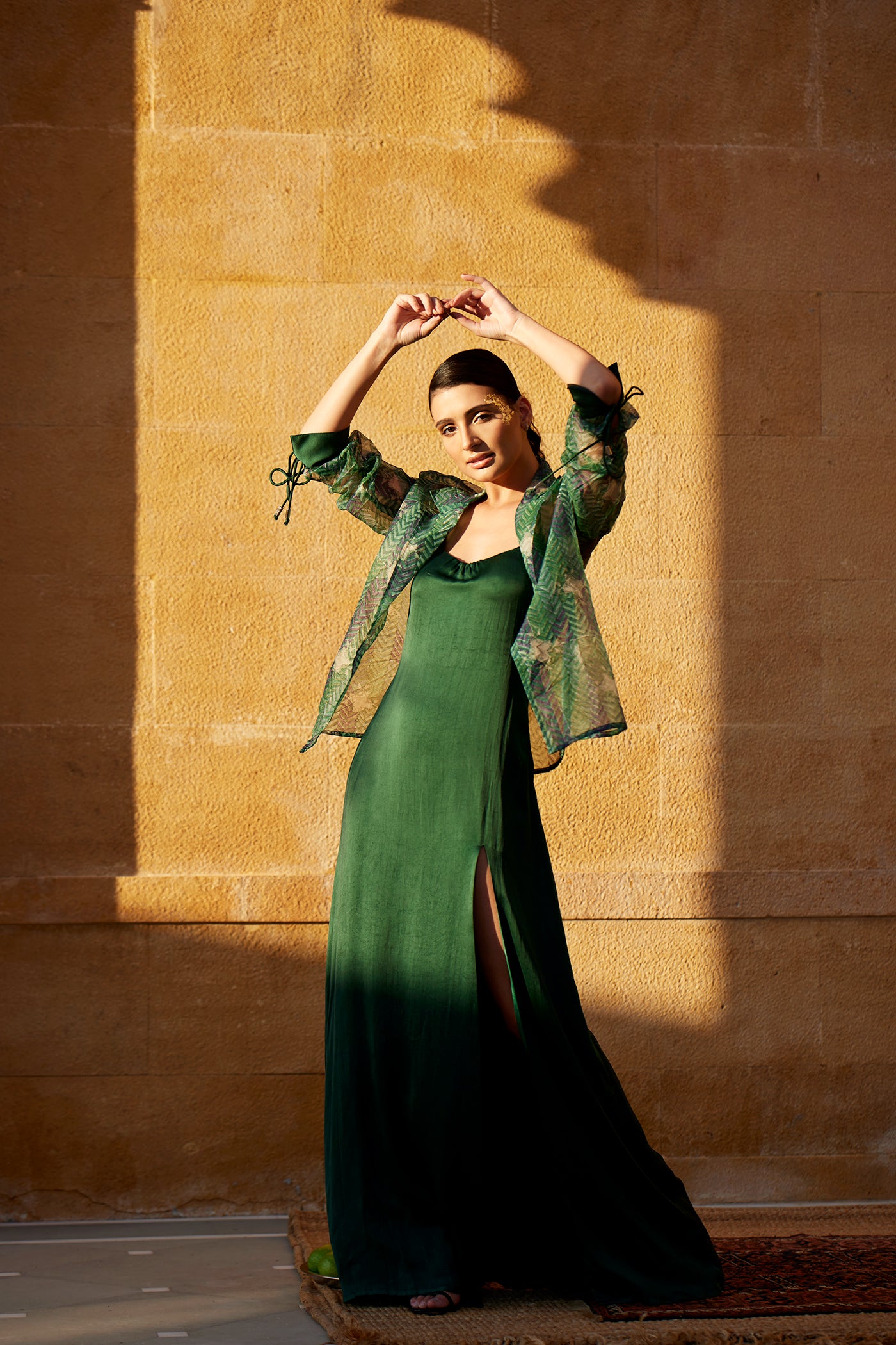 Evergreen satin long dress paired with hand block organza jacket for women