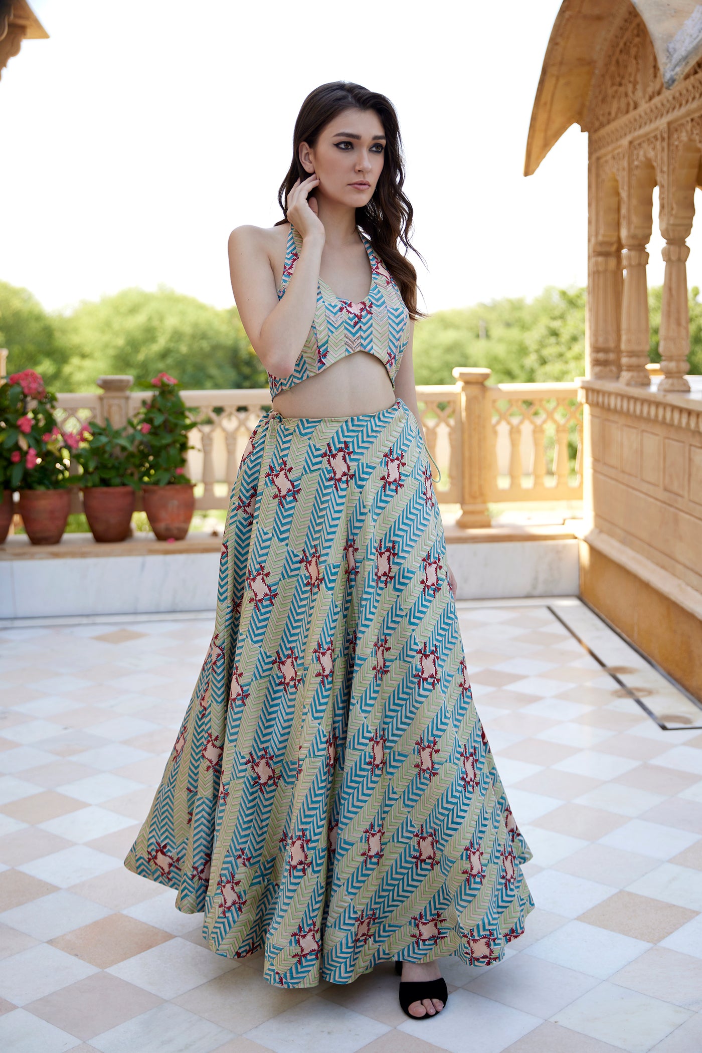 Pistachio hand-block lehenga set paired with a highlighted blouse for women