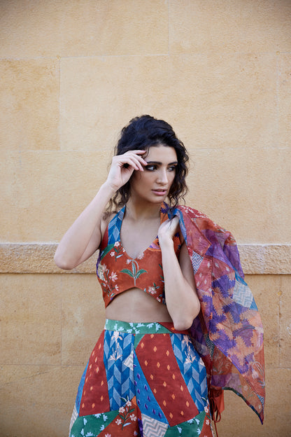 Burnt orange satin palazzo pant set paired with a highlighted blouse & organza jacket for women