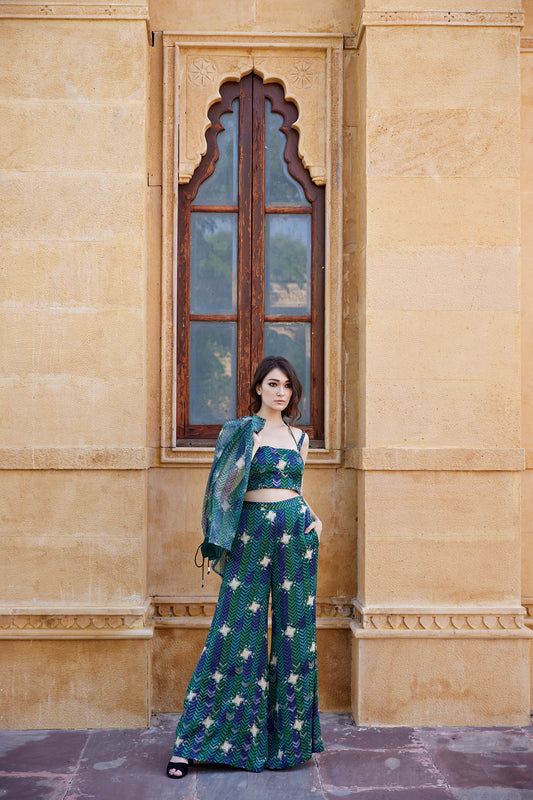 Evergreen hand-block palazzo pants + hand embroidered blouse with/without hand-block organza jacket for women