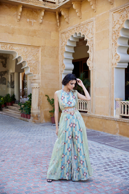 Pistachio hand-block printed palazzo pant set paired with a highlighted blouse, belt, and organza jacket for women