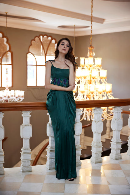 Evergreen satin drape skirt paired with a handblock highlighted corset for women