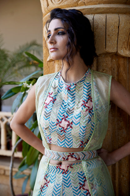 Pistachio hand-block printed palazzo pant set paired with a highlighted blouse, belt, and organza jacket for women