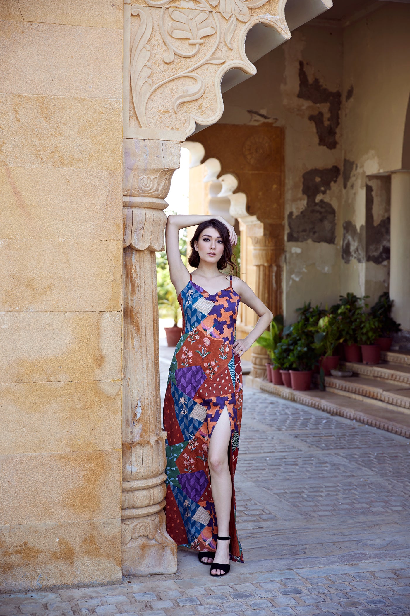 Satin burnt orange straight long dress for women