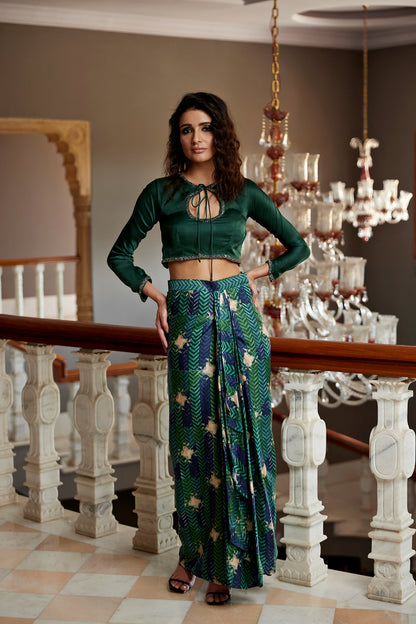 Evergreen satin printed drape skirt paired with an embroidered blouse for women