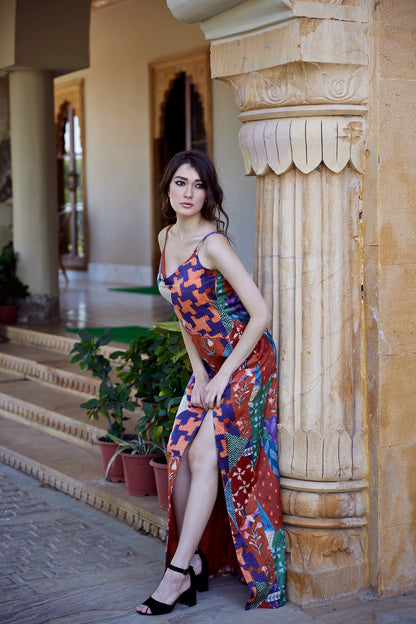 Satin burnt orange straight long dress for women