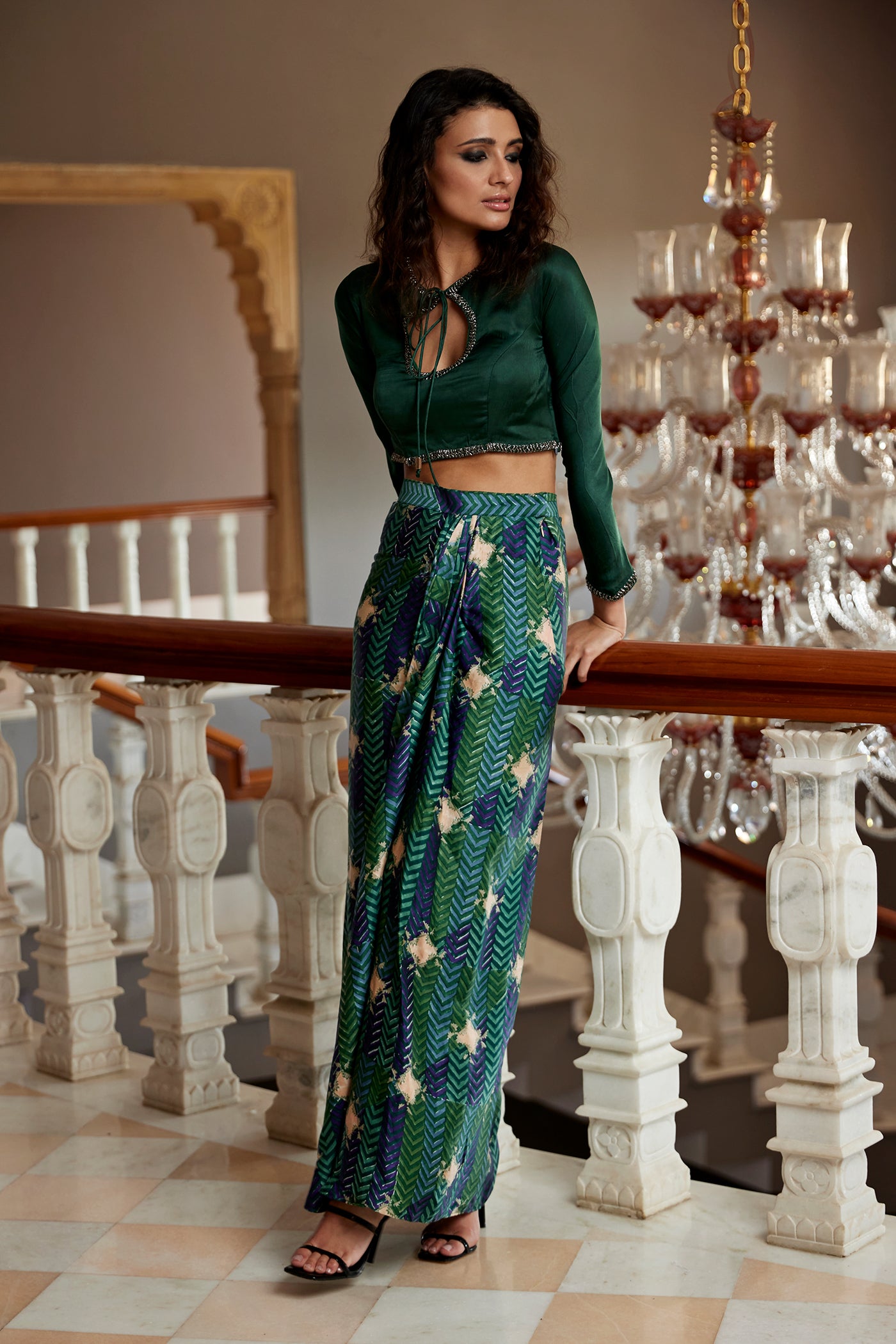 Evergreen satin printed drape skirt paired with an embroidered blouse for women