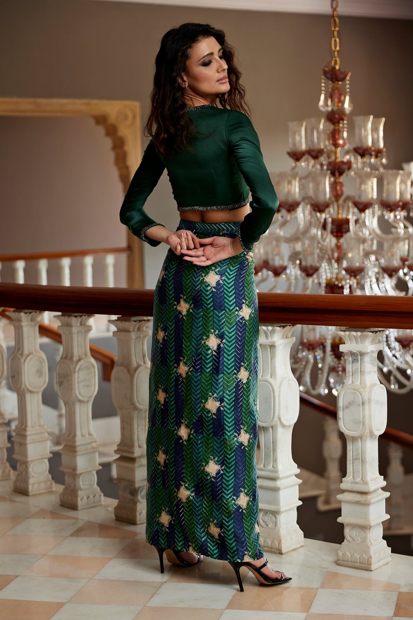 Evergreen satin printed drape skirt paired with an embroidered blouse for women