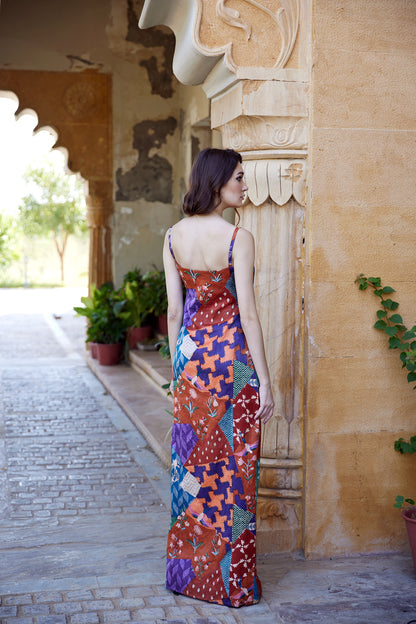 Satin burnt orange straight long dress for women