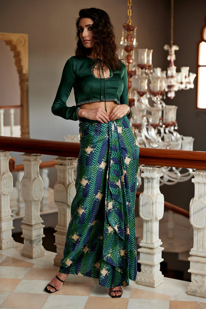 Evergreen satin printed drape skirt paired with an embroidered blouse for women