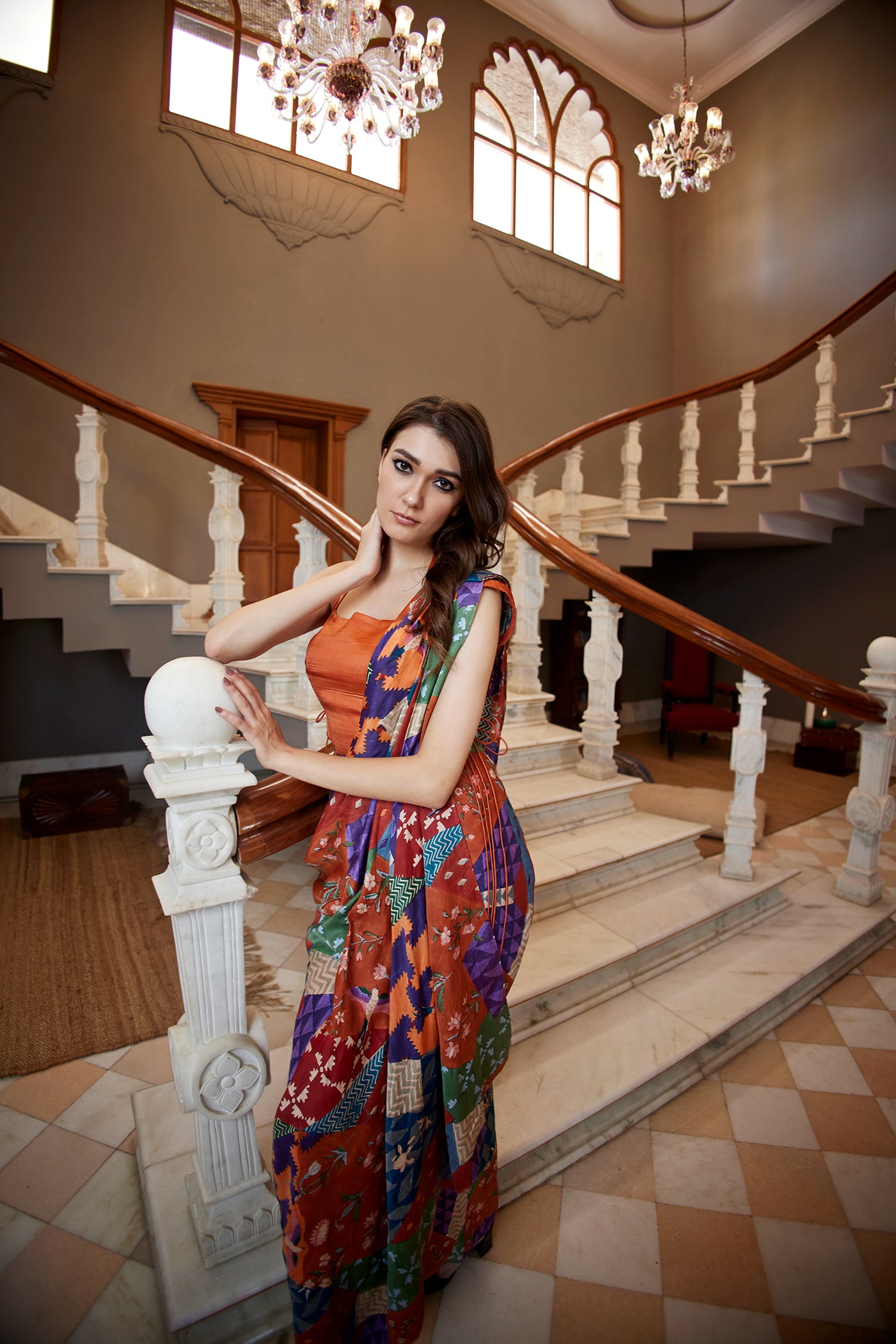 Burnt orange satin drape saree paired with corset for women