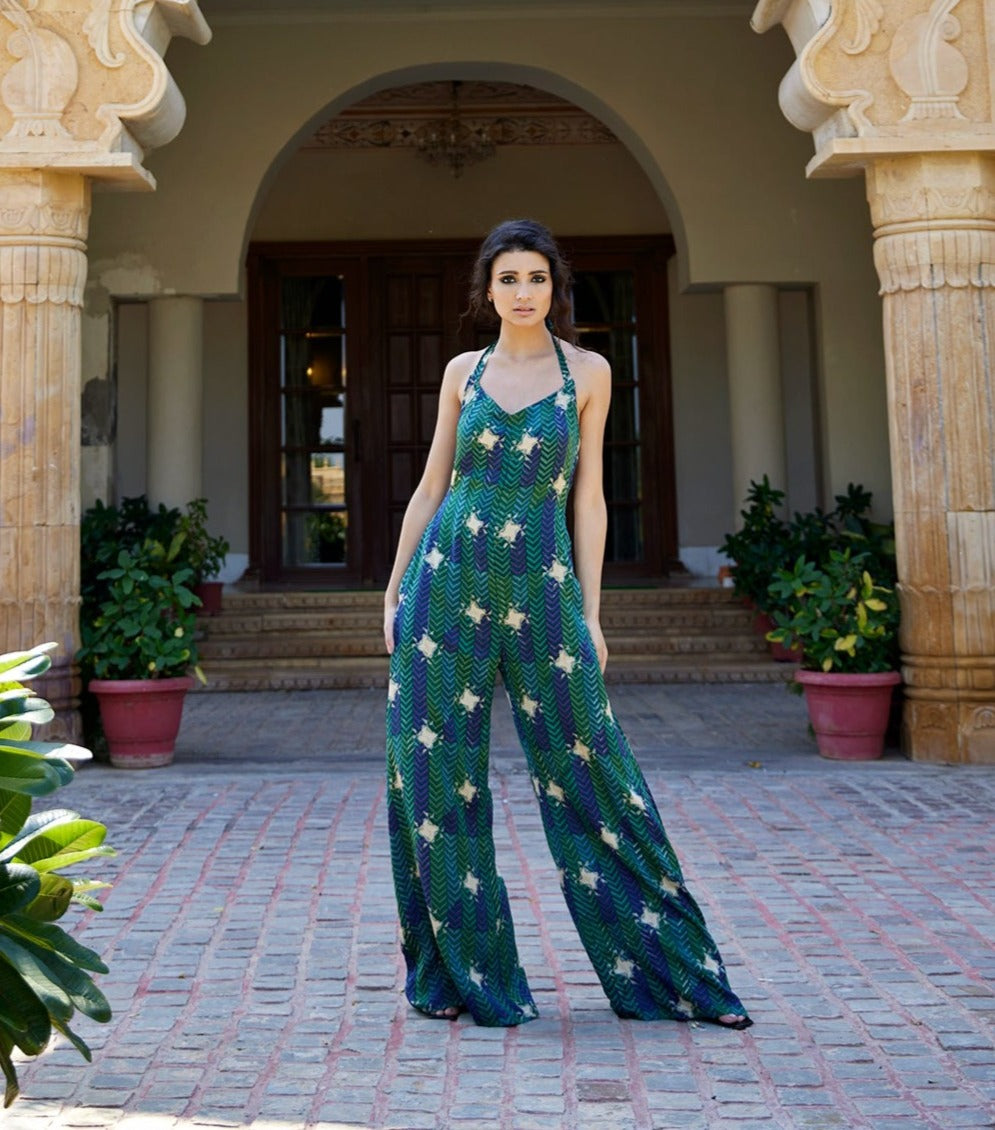 Evergreen satin hand block printed jumpsuit for women – amrood