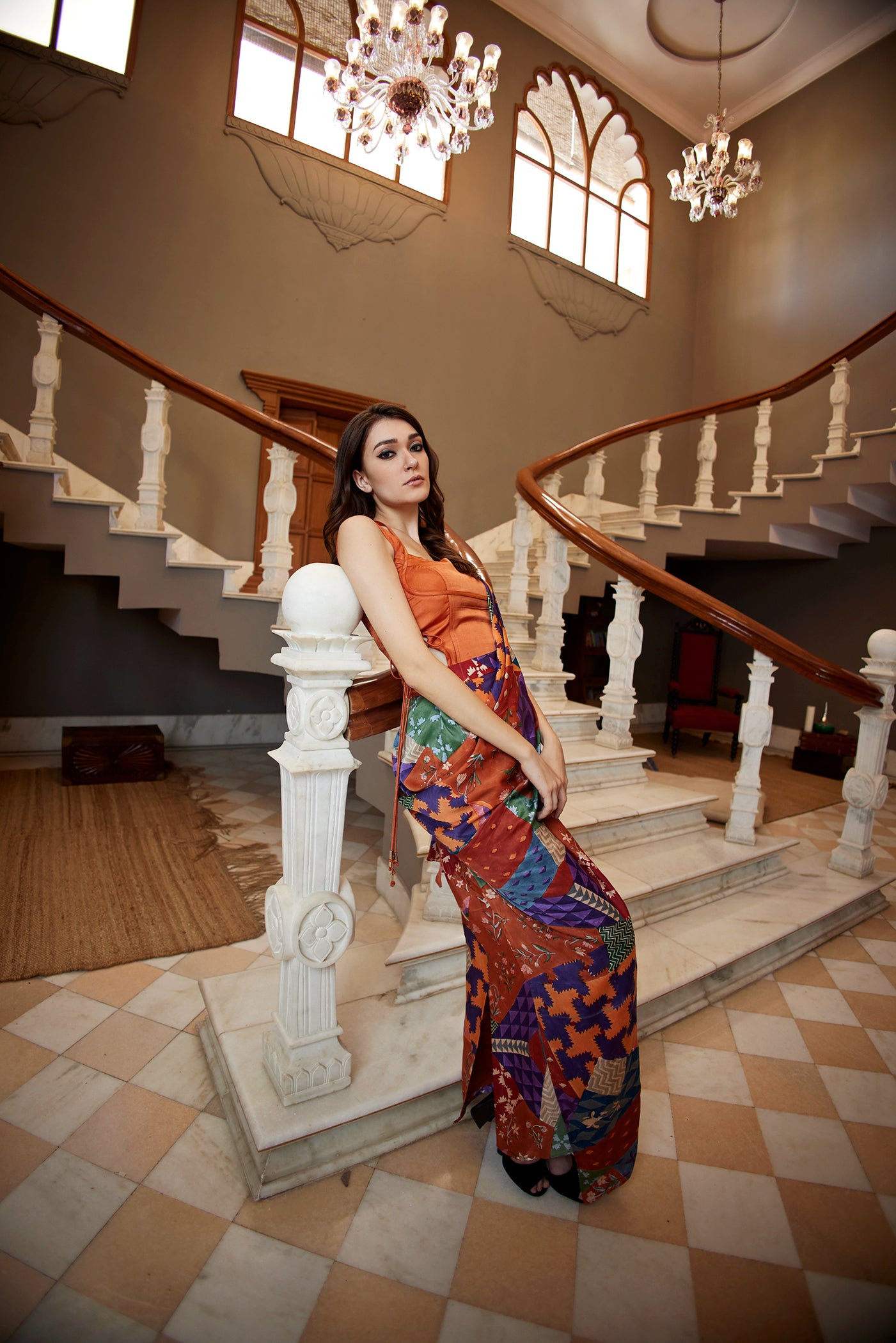 Burnt orange satin drape saree paired with corset for women