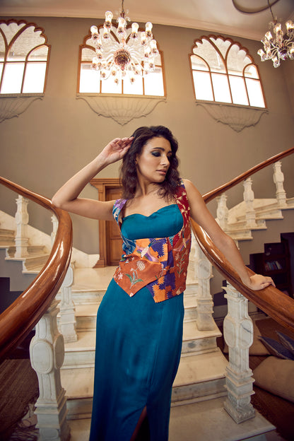 Burnt orange pencil skirt & bustier paired with a hand-block waistcoat with embroidery highlighting for women