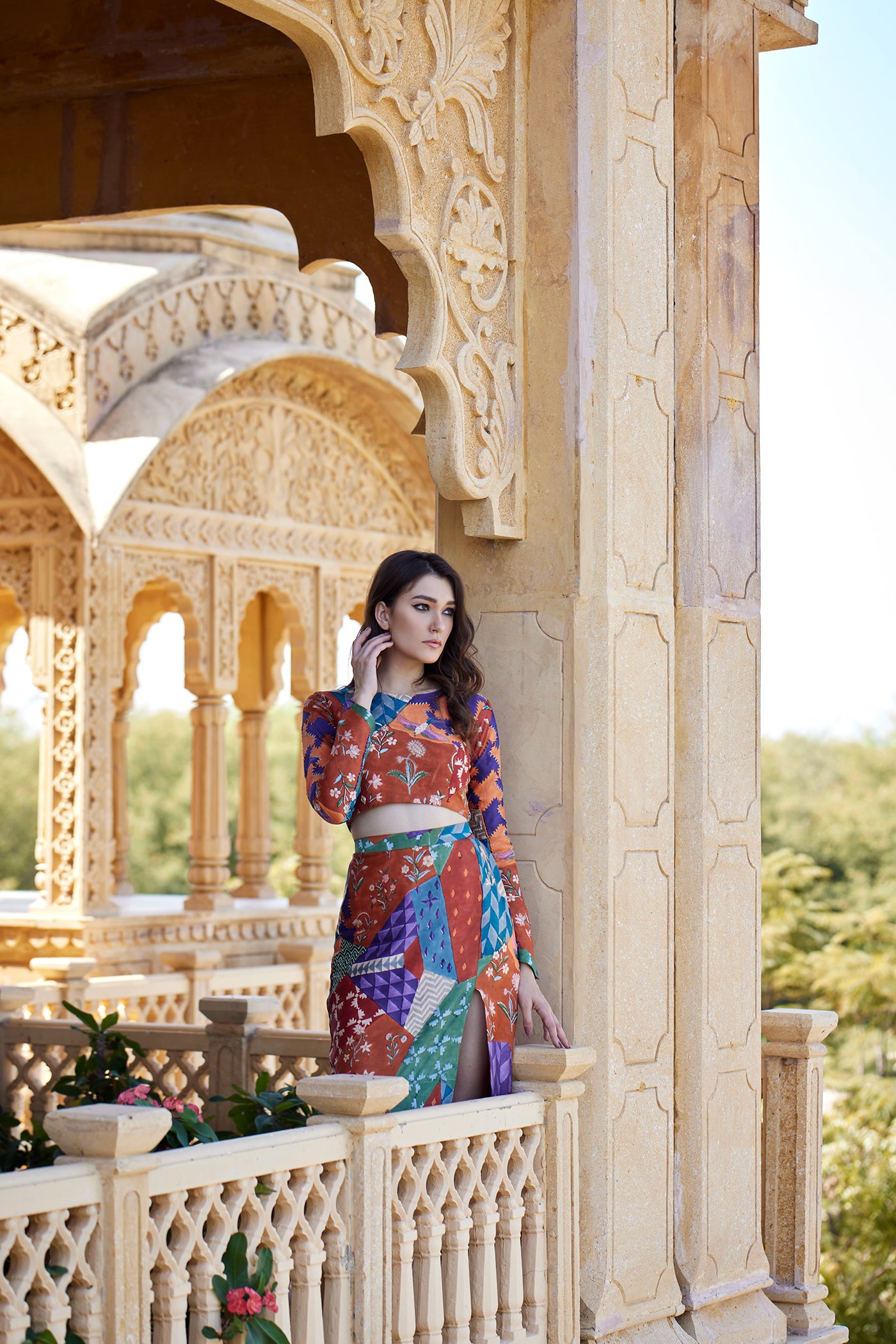 Burnt orange hand block printed skirt set paired with a blouse for women